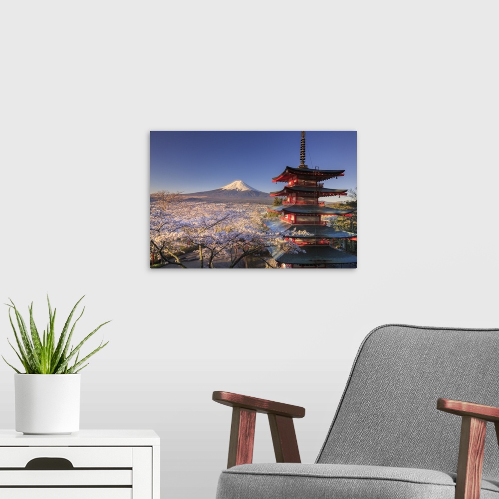 A modern room featuring Japan, Yamanashi Prefecture, Fuji-Yoshida, Chureito Pagoda and Mt Fuji during Cherry Blossom Season.