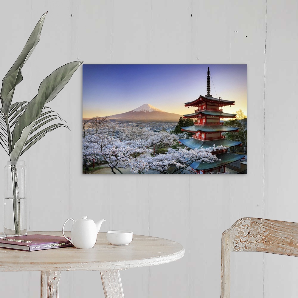 A farmhouse room featuring Japan, Yamanashi Prefecture, Fuji-Yoshida, Chureito Pagoda, Mt Fuji and Cherry Blossoms.