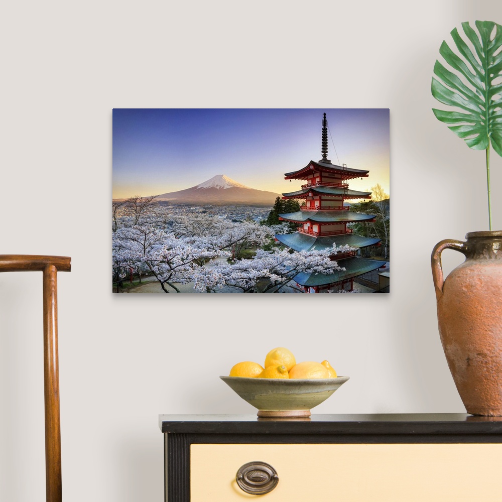 A traditional room featuring Japan, Yamanashi Prefecture, Fuji-Yoshida, Chureito Pagoda, Mt Fuji and Cherry Blossoms.