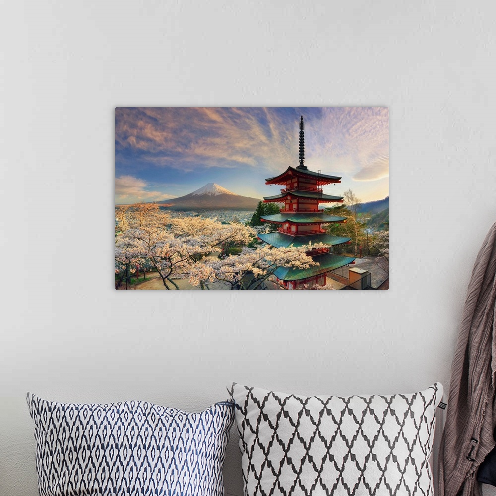 A bohemian room featuring Japan, Yamanashi Prefecture, Fuji-Yoshida, Chureito Pagoda, Mt Fuji and Cherry Blossoms.