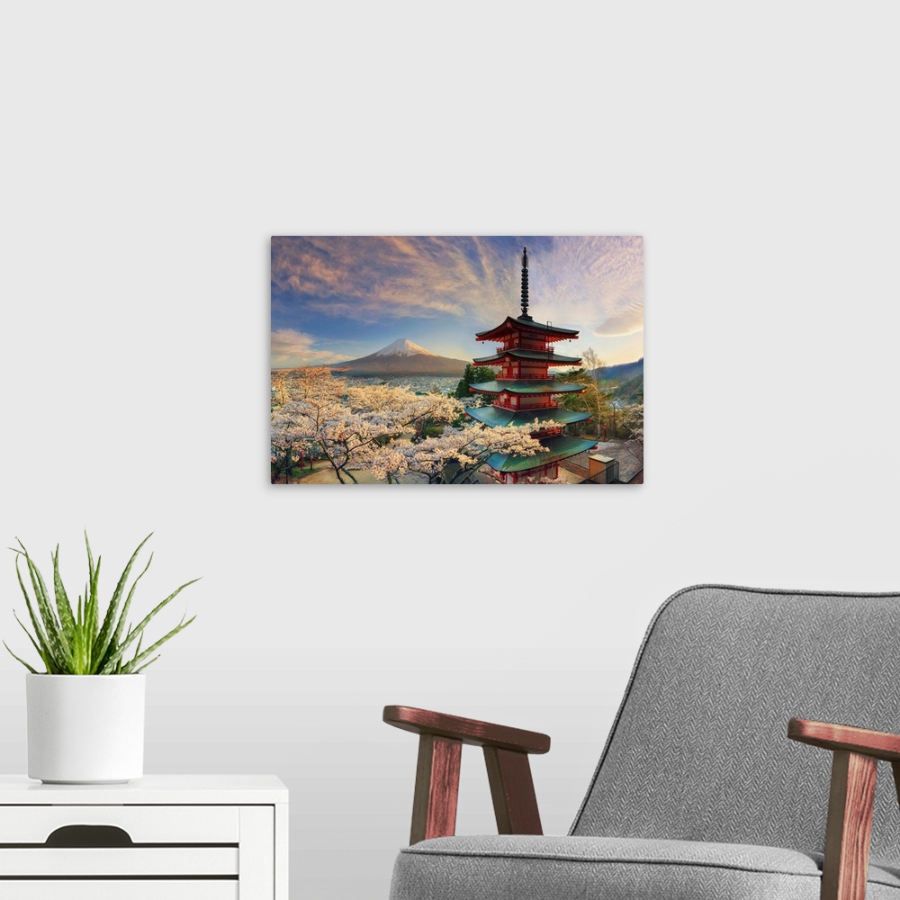 A modern room featuring Japan, Yamanashi Prefecture, Fuji-Yoshida, Chureito Pagoda, Mt Fuji and Cherry Blossoms.