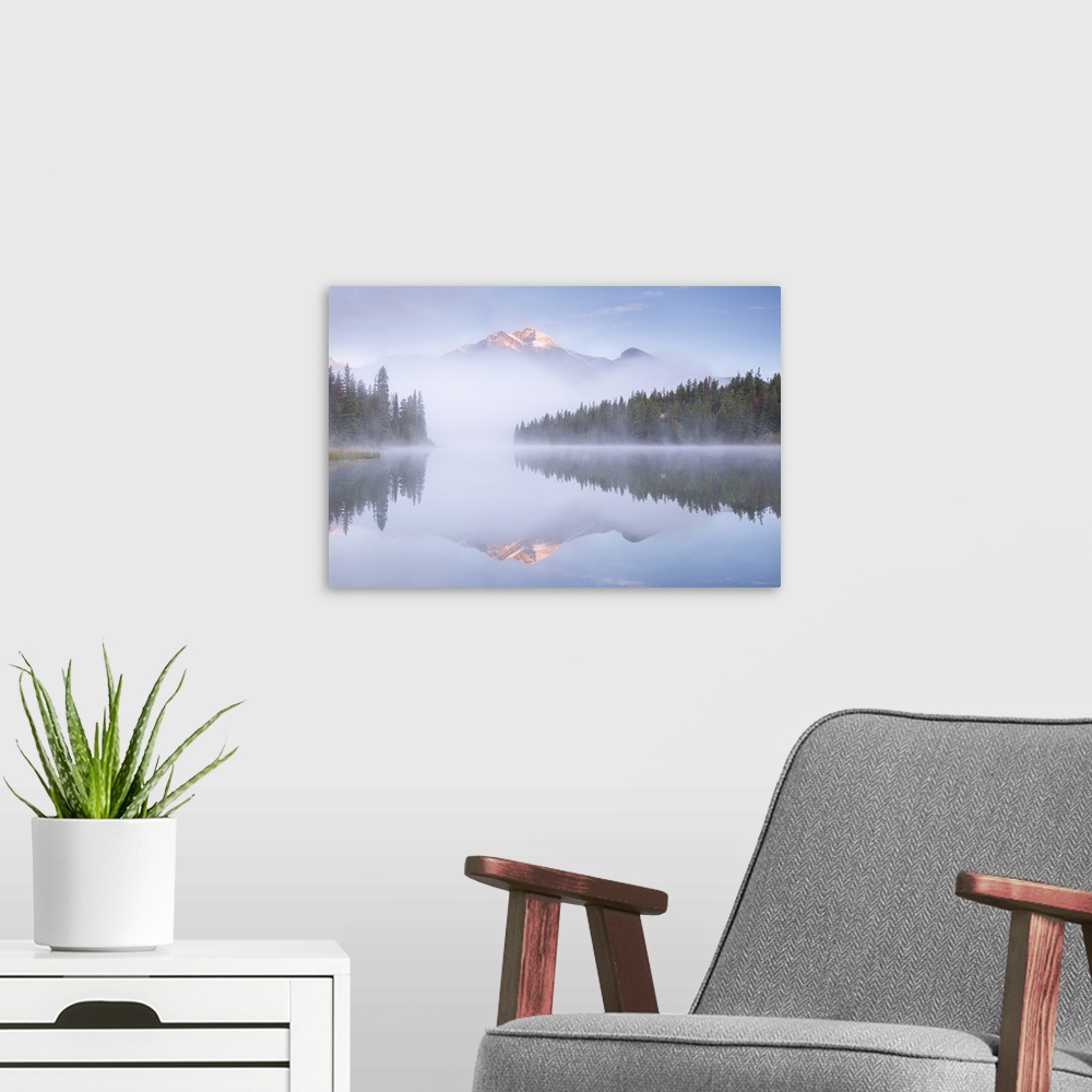 A modern room featuring A mist shrouded Pyramid Mountain reflected in Pyramid Lake at dawn, Jasper National Park, Alberta...