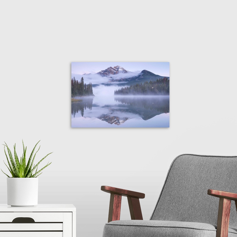 A modern room featuring A misty Pyramid Mountain reflected in Pyramid Lake at dawn, Jasper National Park, Canadian Rockie...