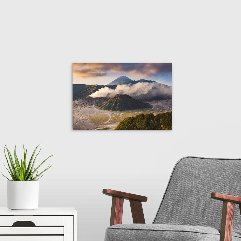 A modern room featuring Java, Indonesia, South East Asia. High angle view of Mount Bromo at sunrise.