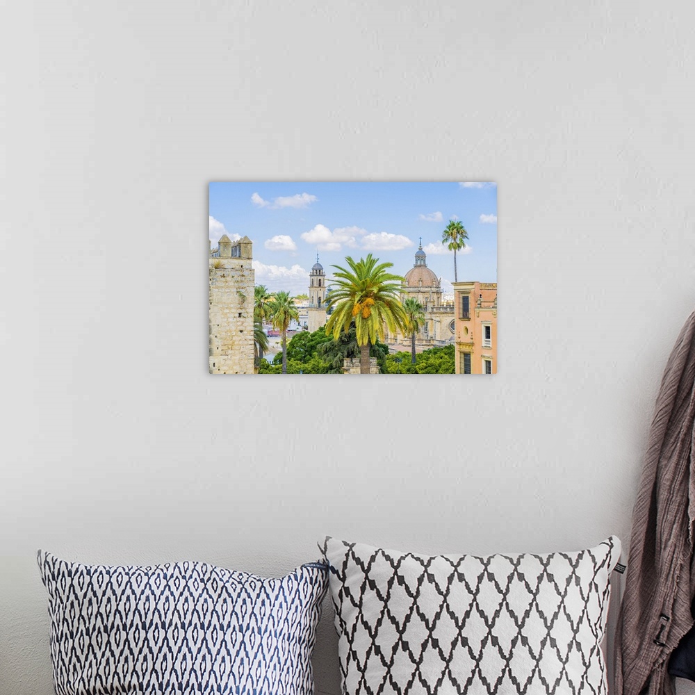 A bohemian room featuring View of the Jerez Cathedral from the Alcazar de Jerez, Jerez de la Frontera, Andalusia, Spain