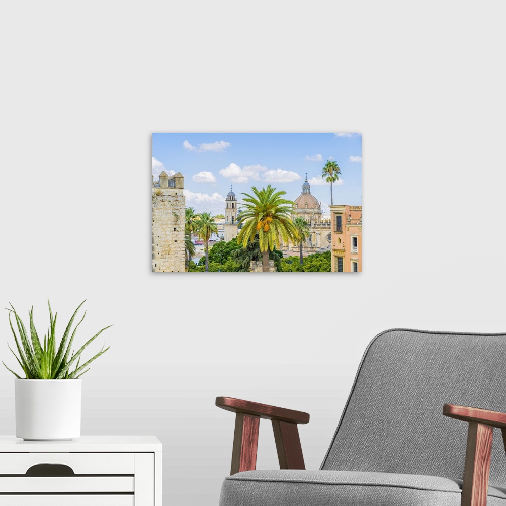 A modern room featuring View of the Jerez Cathedral from the Alcazar de Jerez, Jerez de la Frontera, Andalusia, Spain