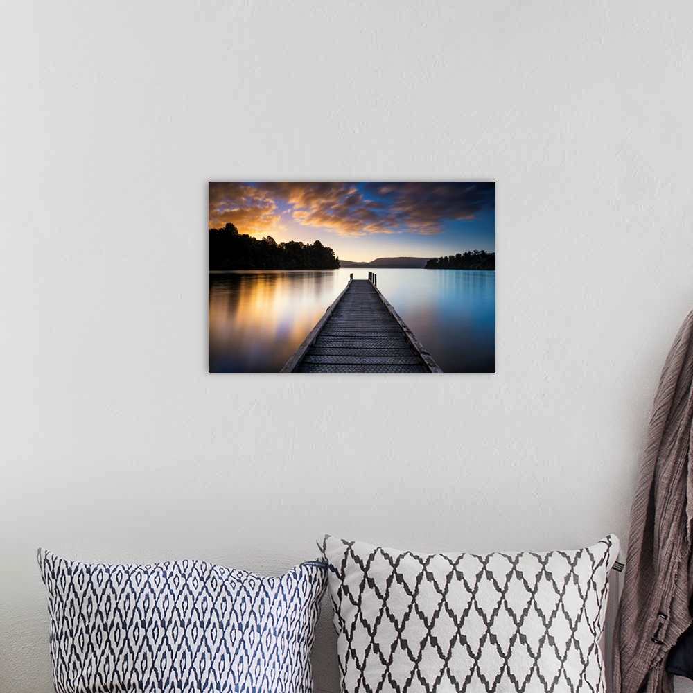 A bohemian room featuring Jetty At Sunset, Lake Mapourika, New Zealand