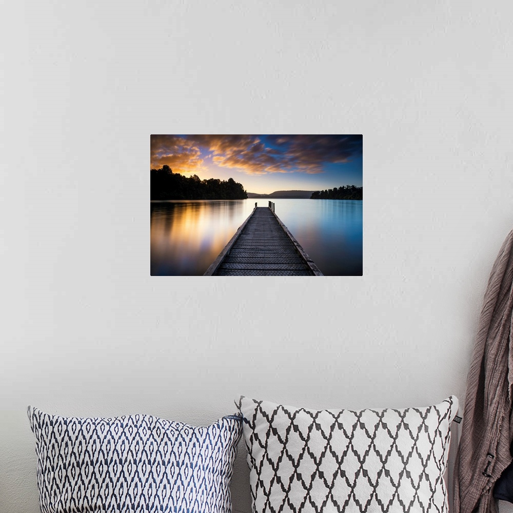 A bohemian room featuring Jetty At Sunset, Lake Mapourika, New Zealand