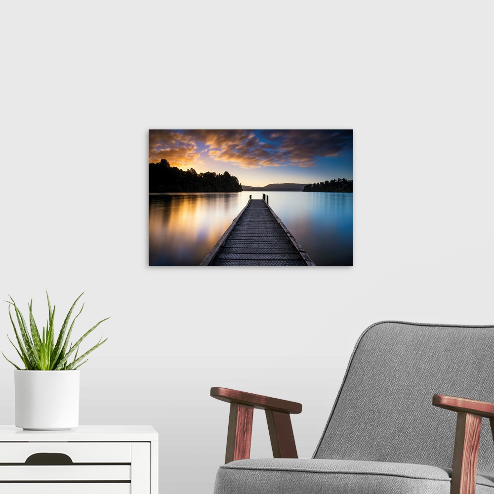 A modern room featuring Jetty At Sunset, Lake Mapourika, New Zealand