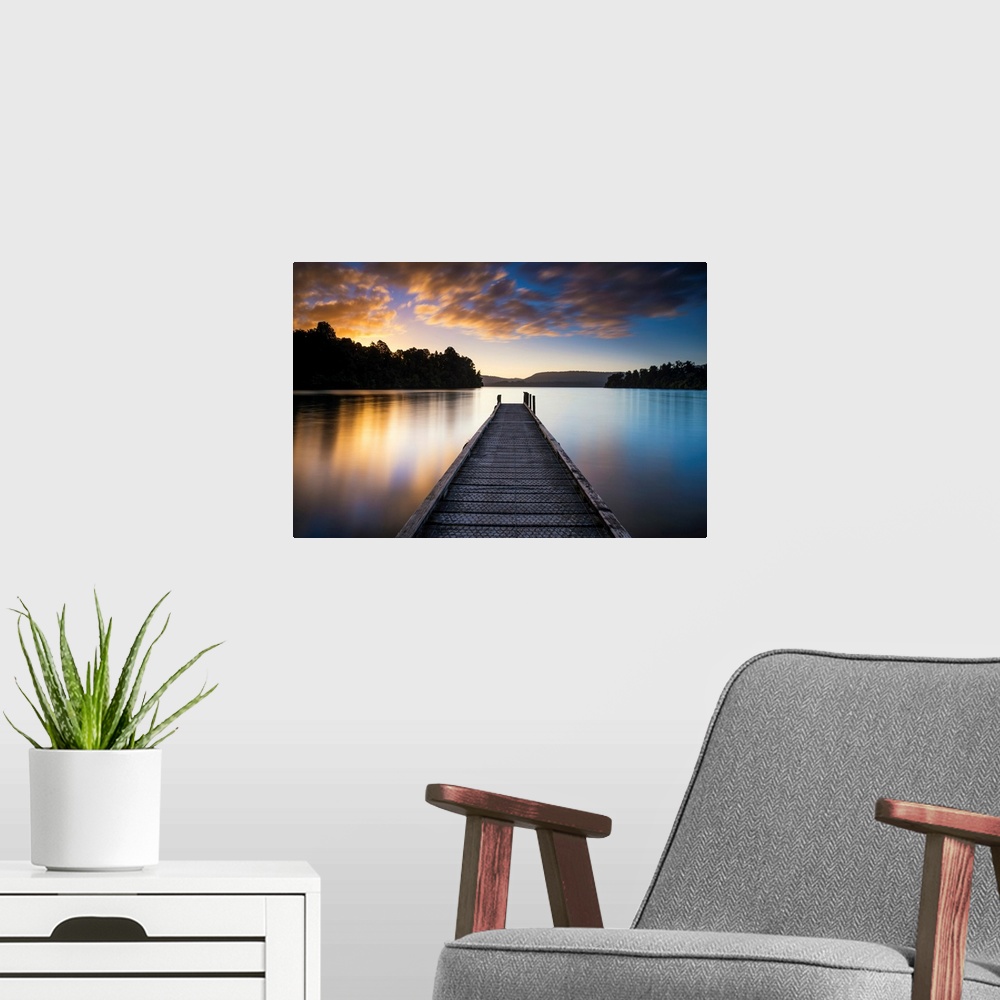 A modern room featuring Jetty At Sunset, Lake Mapourika, New Zealand