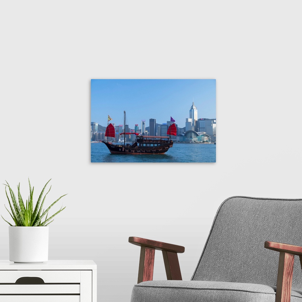 A modern room featuring Junk Boat In Victoria Harbour, Hong Kong Island, Hong Kong