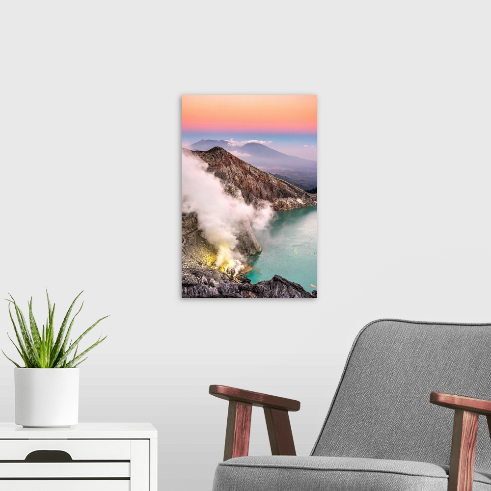 A modern room featuring Kawah Ijen volcano and crater lake at sunrise, Java, Indonesia.