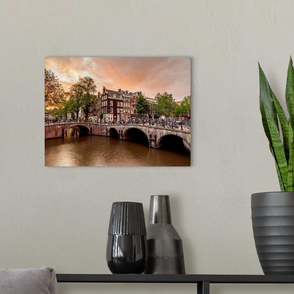 A modern room featuring Keizersgracht And Leliegrach Canals And Bridges At Sunset, Amsterdam, North Holland, The Netherlands