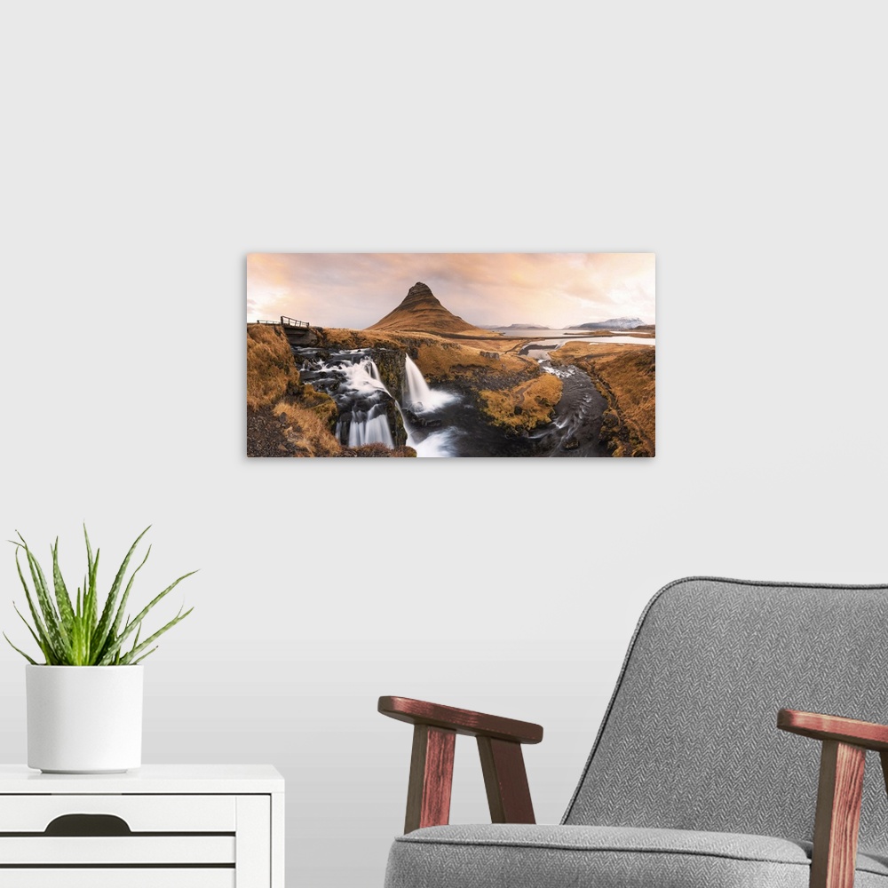 A modern room featuring Kirkjufell mount and waterfall during a winter sunrise, Snaefells Peninsula, Vesturland, Iceland