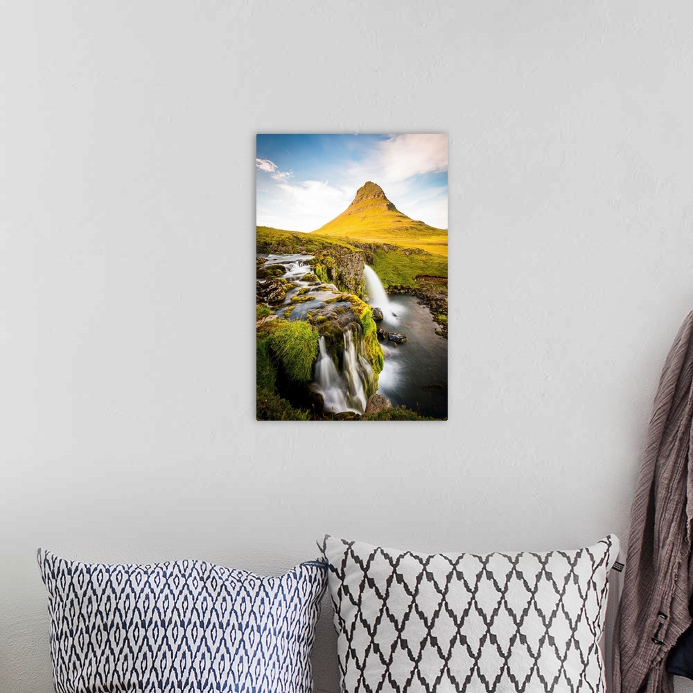 A bohemian room featuring Kirkjufell Mountain, Snaefellsnes peninsula, Iceland. Landscape with waterfalls, long exposure on...