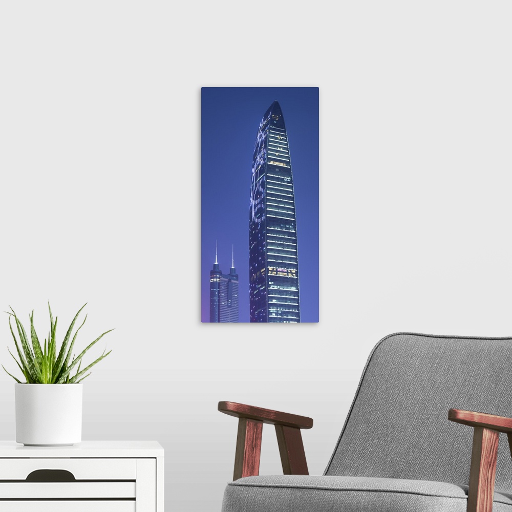 A modern room featuring KK100 (KingKey 100) and Shun Hing Square skyscrapers, Shenzhen, Guangdong, China.