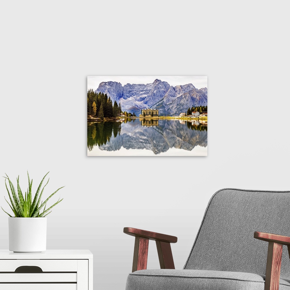 A modern room featuring Lake Misurina and Sorapiss mountain Europe, Italy, Veneto, Belluno district, Cortina, Misurina