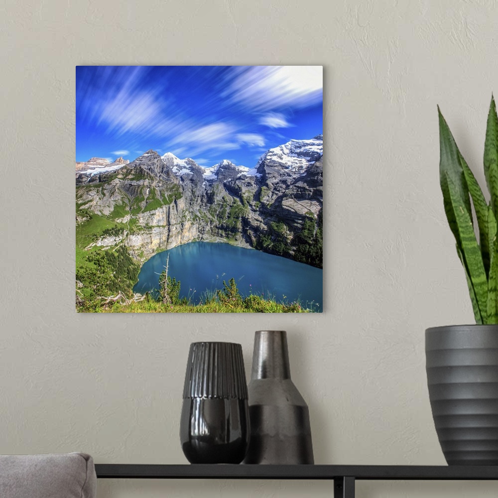 A modern room featuring Summer view of Lake Oeschinensee Bernese Oberland Kandersteg Canton of Bern Switzerland Europe.