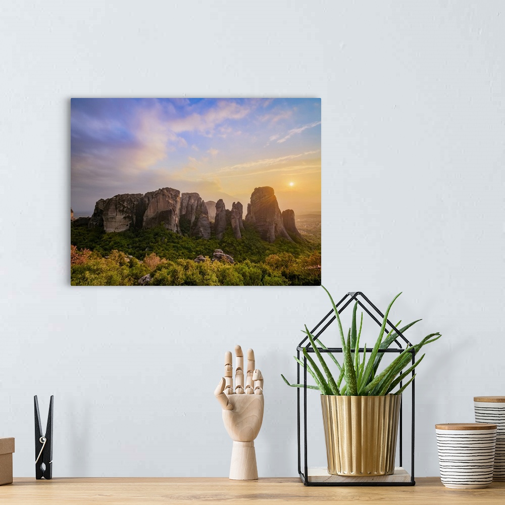 A bohemian room featuring Landscape of Meteora at sunset, Thessaly, Greece