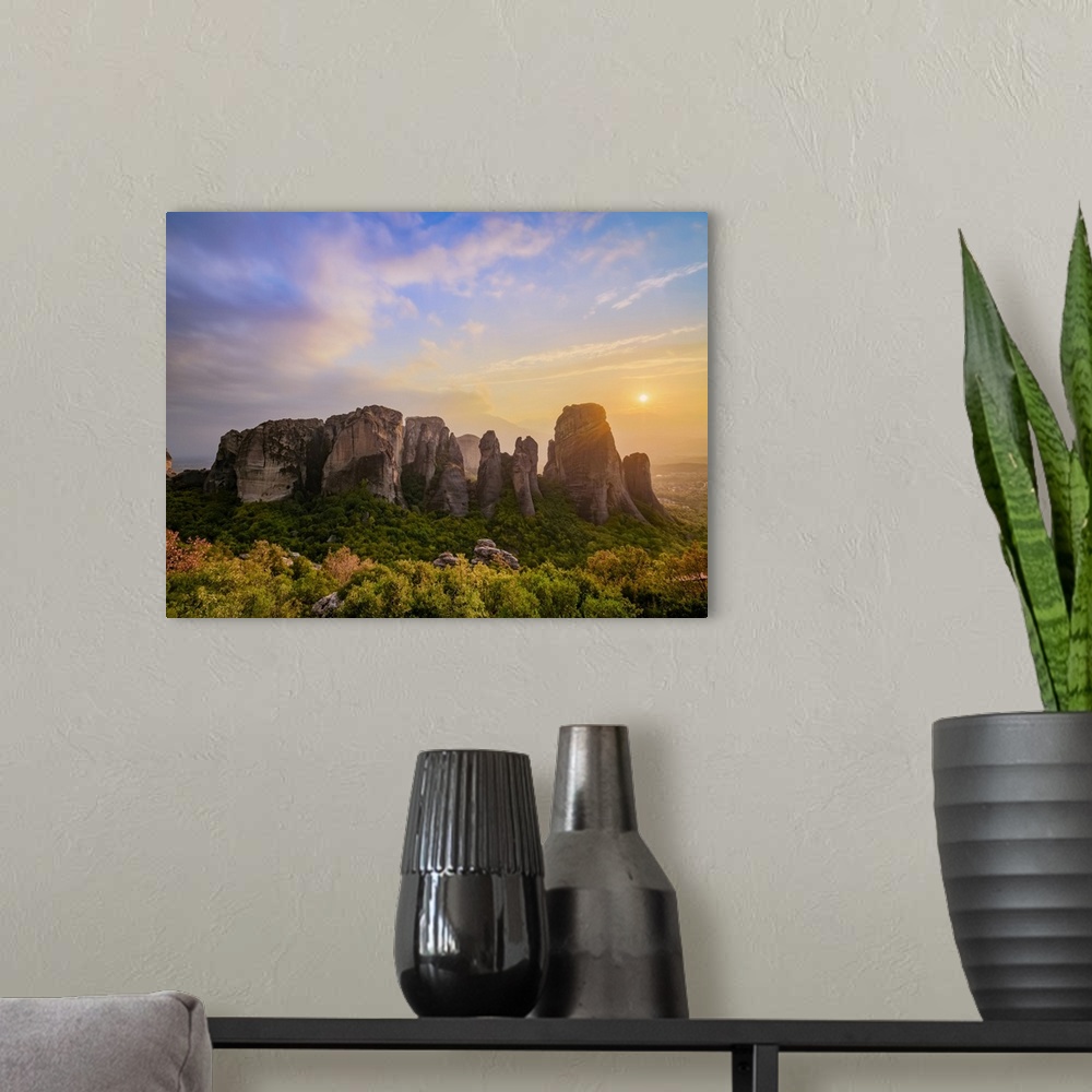 A modern room featuring Landscape of Meteora at sunset, Thessaly, Greece