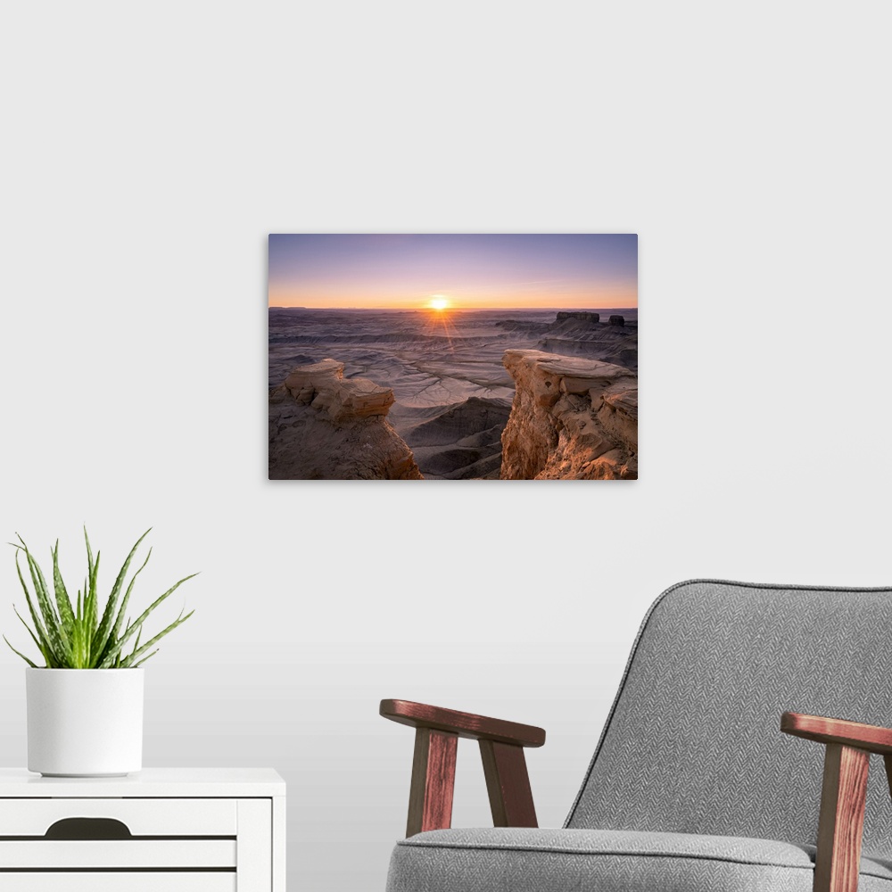 A modern room featuring Landscape similar to Mars at sunrise, Skyline Rim Overlook, Utah, Western United States, USA