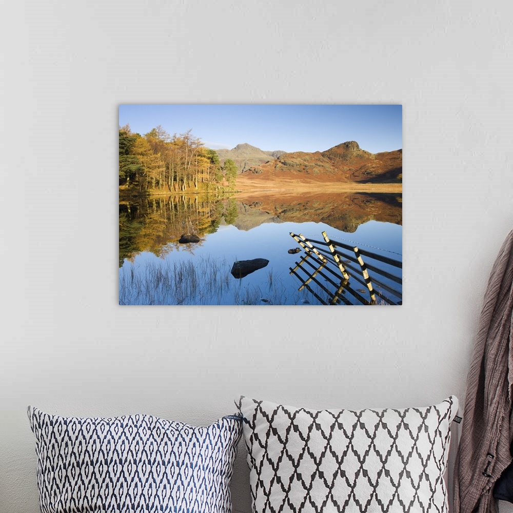 A bohemian room featuring Langdale Pikes reflected in a mirror-like Blea Tarn in the early morning, Lake District National ...