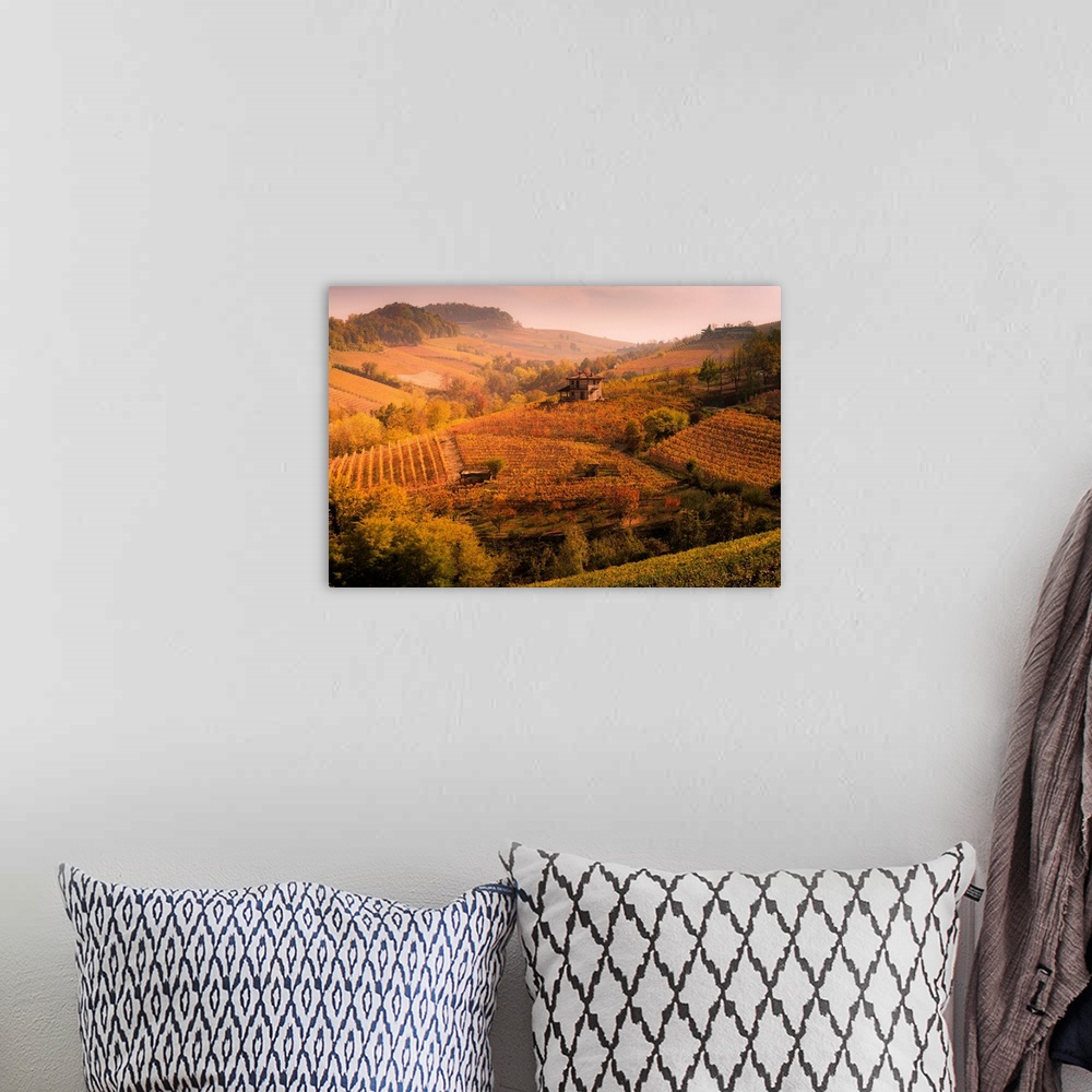 A bohemian room featuring Langhe, Piedmont, Italy. Autumn Landscape With Vineyards And Hills.
