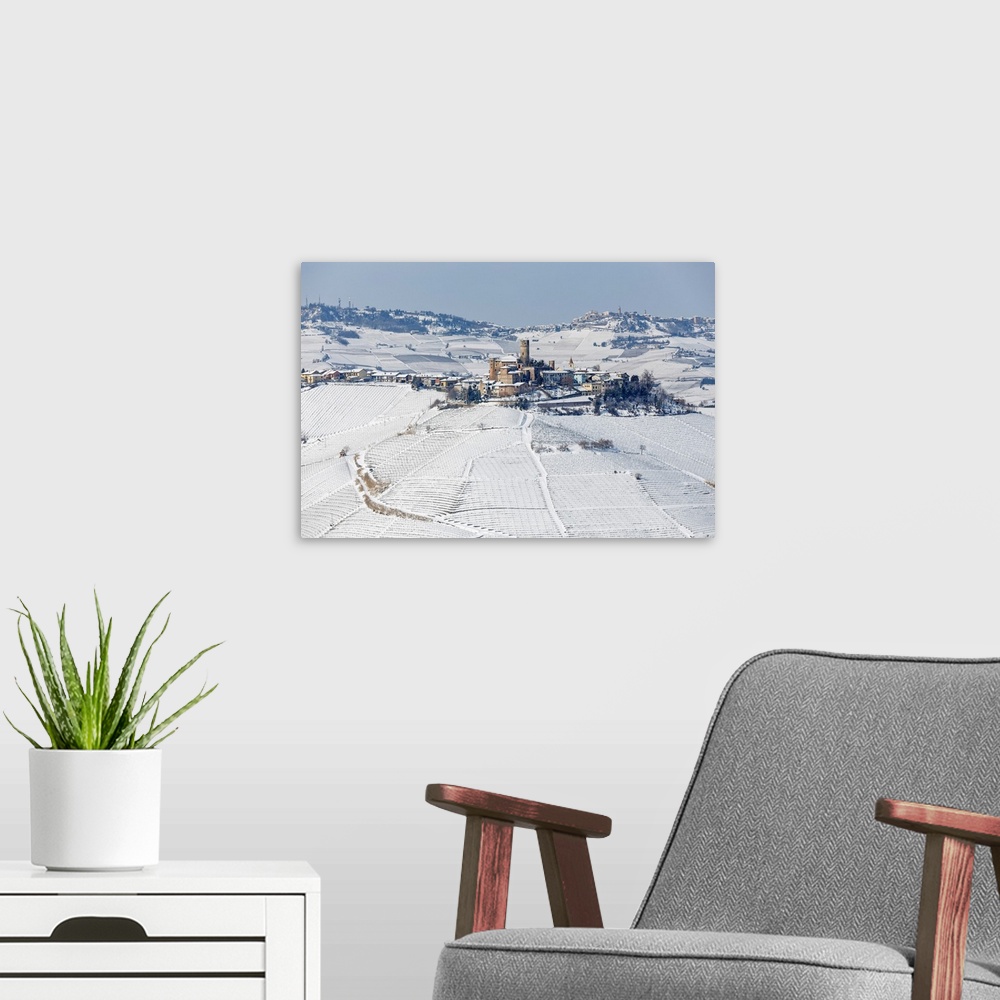 A modern room featuring Langhe, Cuneo District, Piedmont, Italy. Langhe Wine Region Winter Snow, Castiglione Falletto Castle