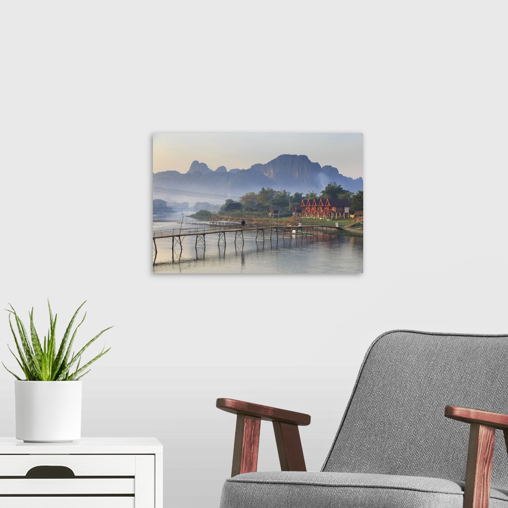 A modern room featuring Laos, Vang Vieng. Nam Song River and Karst Landscape.