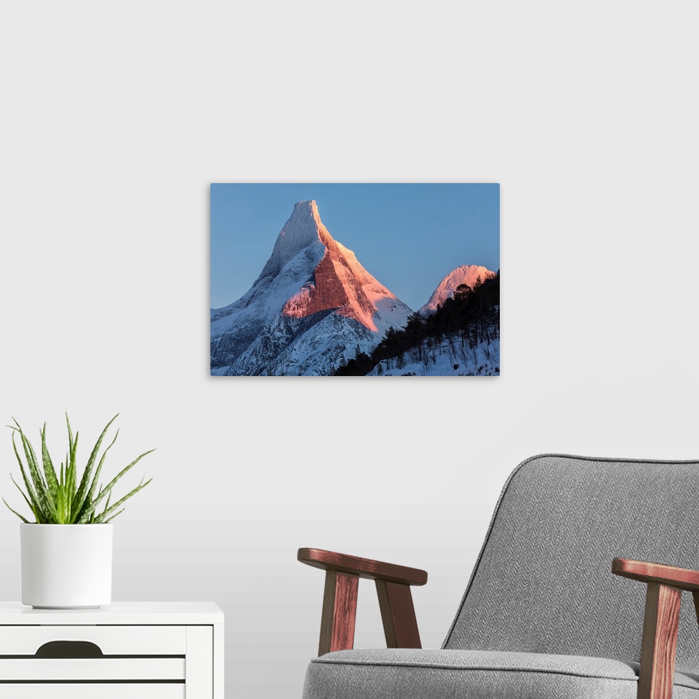A modern room featuring Last Light On The Norway's National Mountains Granitic Snowy Peak Called Stetind, Tysfjord, Nordl...