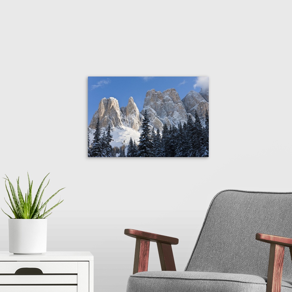 A modern room featuring Winter landscape, Le Odle Group / Geisler Spitzen (3060m), Val di Funes, Italian Dolomites mounta...