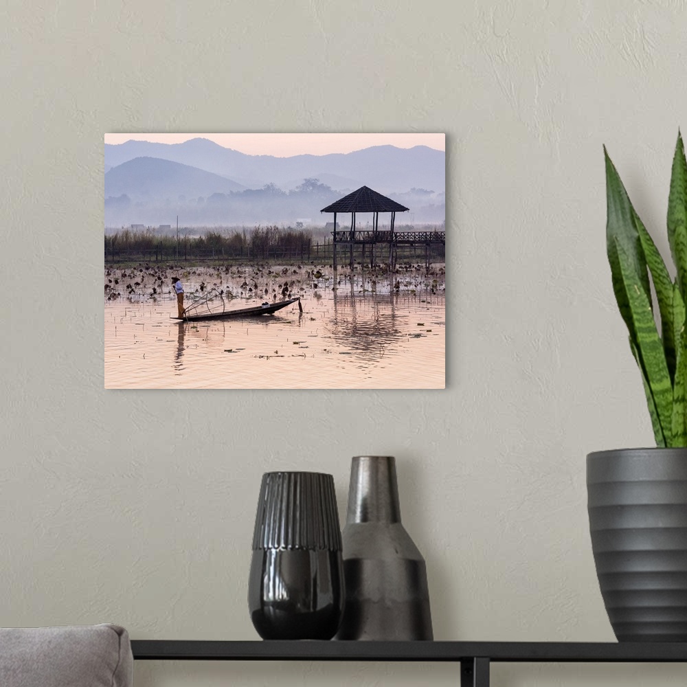 A modern room featuring Leg-rowing fisherman of Inle Lake in the morning mist, Shan State, Myanmar
