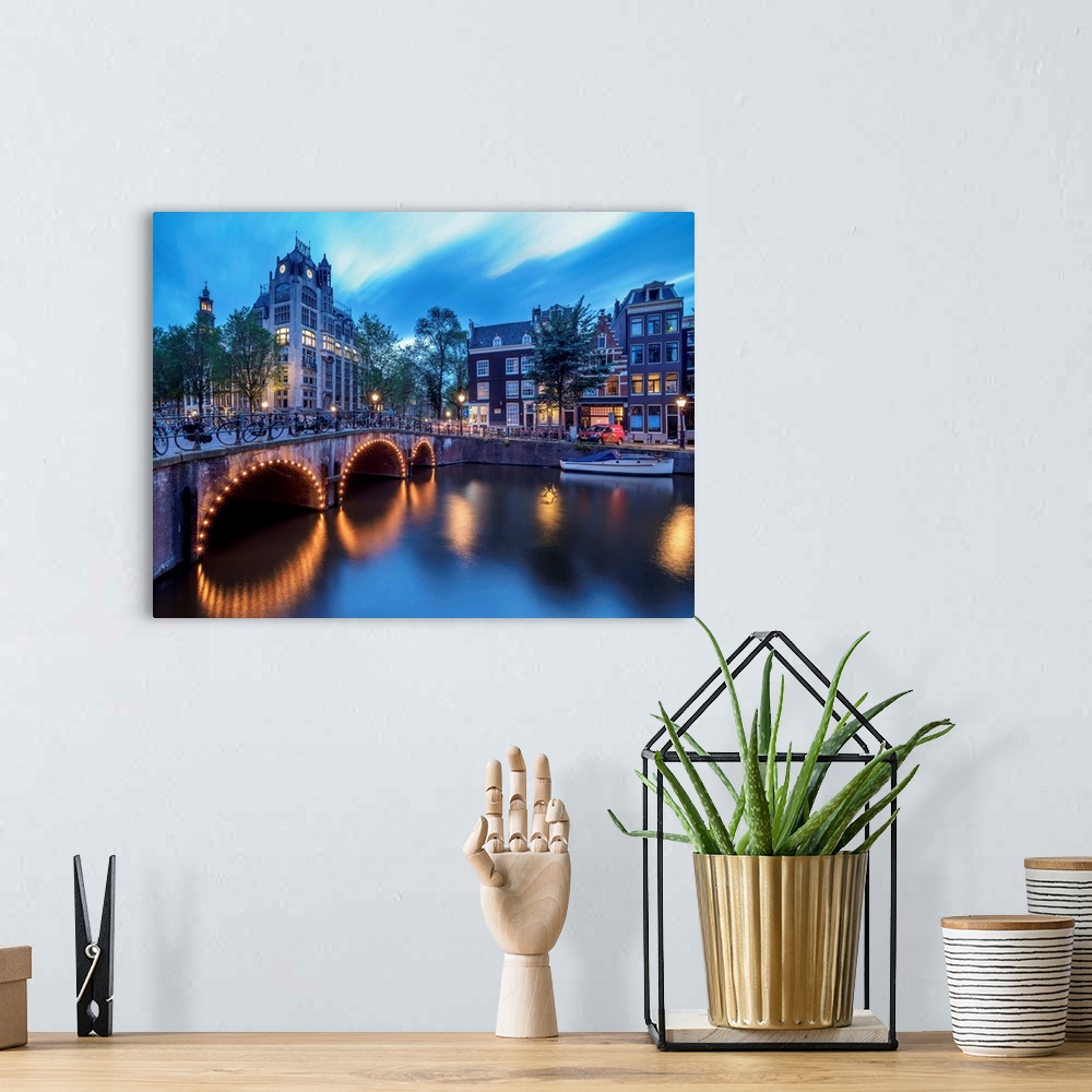 A bohemian room featuring Leliegracht Bridge Over Keizersgracht Canal At Dusk, Amsterdam, North Holland, The Netherlands