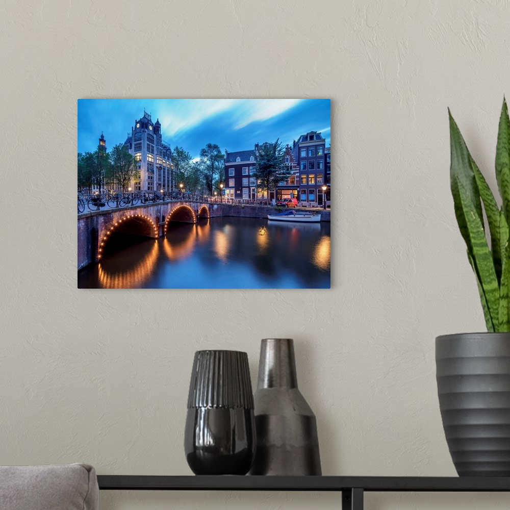 A modern room featuring Leliegracht Bridge Over Keizersgracht Canal At Dusk, Amsterdam, North Holland, The Netherlands