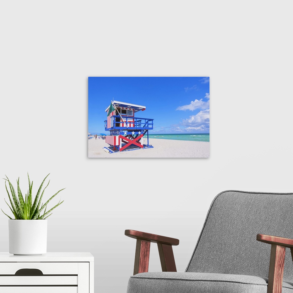 A modern room featuring Lifeguard beach hut, Miami beach, Miami, Florida, USA.