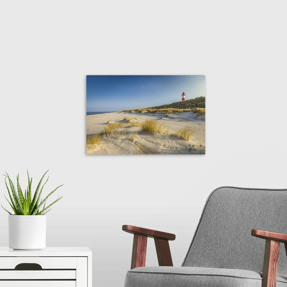 A modern room featuring List-Ost lighthouse and beach on the Ellenbogen Peninsula, Sylt, Schleswig-Holstein, Germany.