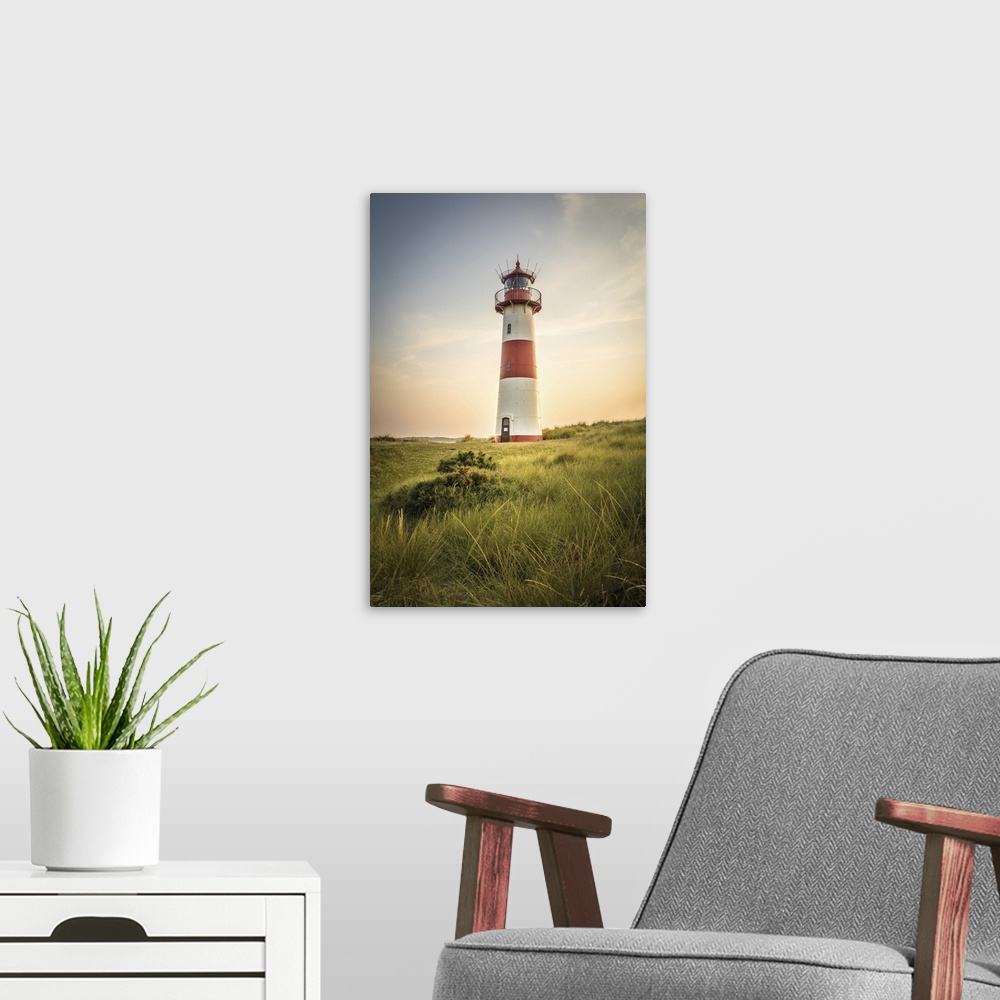 A modern room featuring List-Ost lighthouse on the Ellenbogen Peninsula, Sylt, Schleswig-Holstein, Germany.