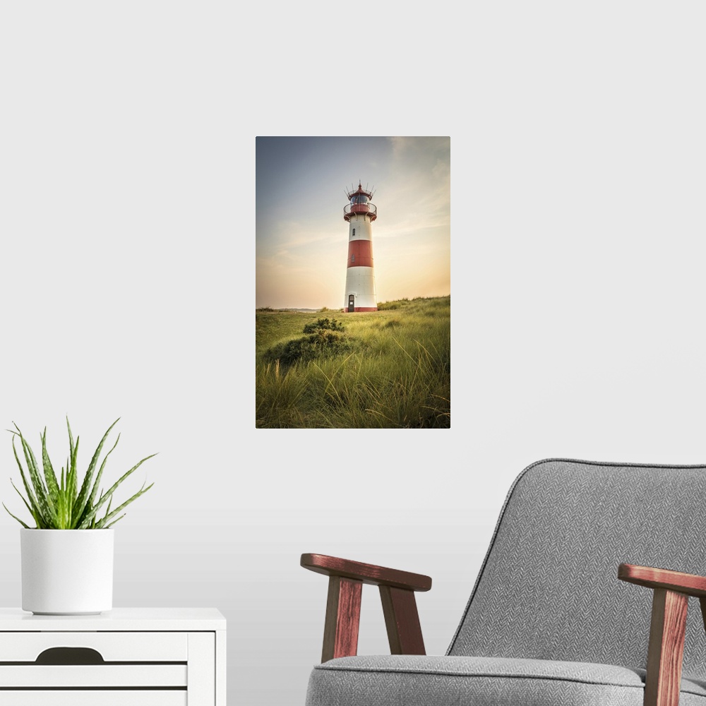 A modern room featuring List-Ost lighthouse on the Ellenbogen Peninsula, Sylt, Schleswig-Holstein, Germany.