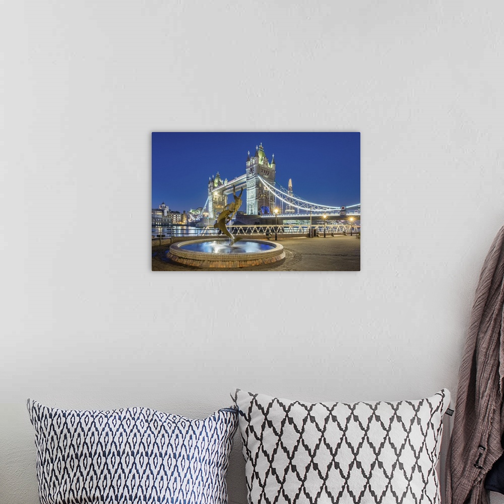 A bohemian room featuring United Kingdom, England, London. Tower Bridge over the River Thames and 'Girl With a Dolphin' fou...