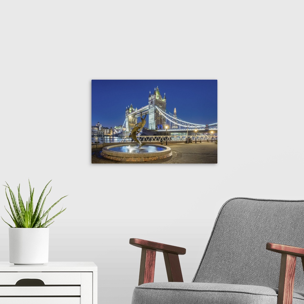 A modern room featuring United Kingdom, England, London. Tower Bridge over the River Thames and 'Girl With a Dolphin' fou...