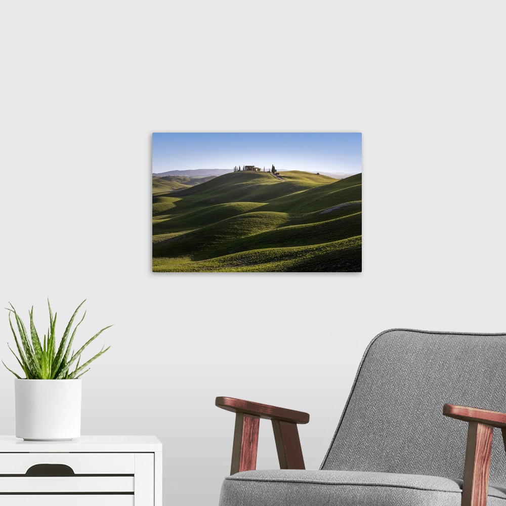 A modern room featuring Lonely house into the hills in Asciano outskirt, Siena Province, Tuscany, Italy.