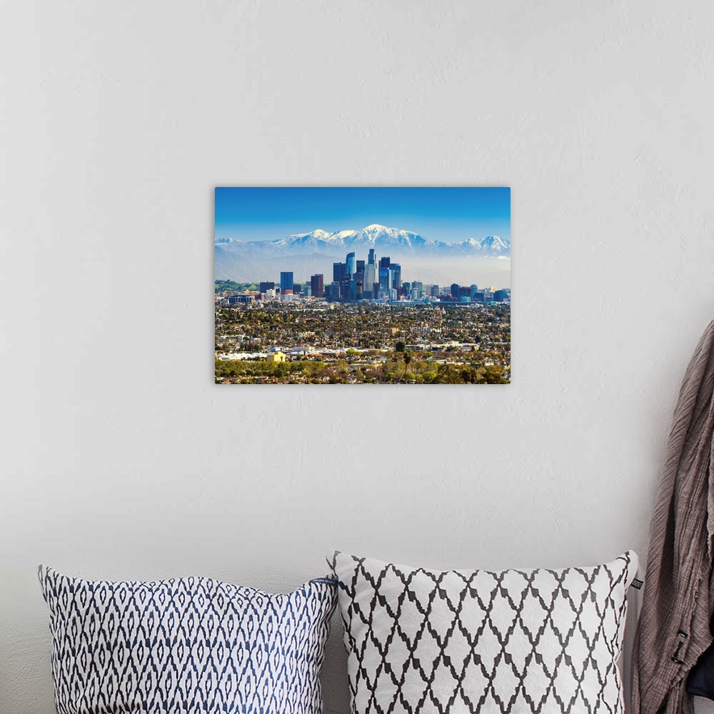 A bohemian room featuring Los Angeles Skyline And Snow Capped San Gabriel Mountains, California, USA