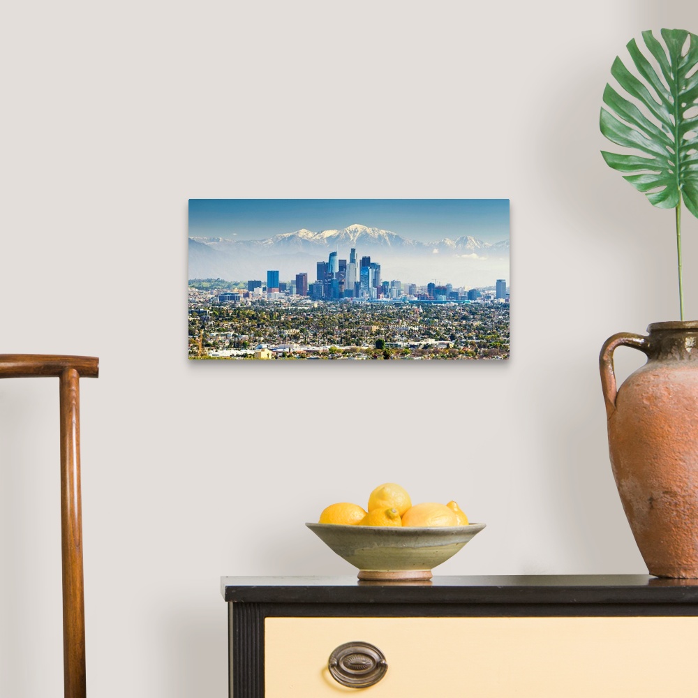 A traditional room featuring Los Angeles Skyline And Snow Capped San Gabriel Mountains, California, USA
