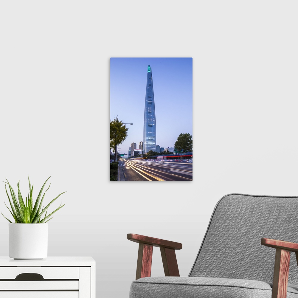 A modern room featuring Lotte Tower (555m supertall skyscraper, 5th tallest building in the world when completed in 2016)...