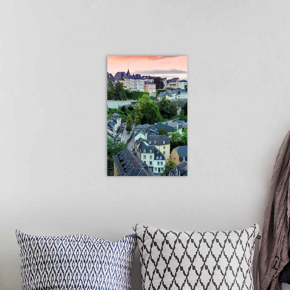 A bohemian room featuring Luxembourg, Luxembourg City, View over the Grund - the lower town towards The Corniche (Chemin de...