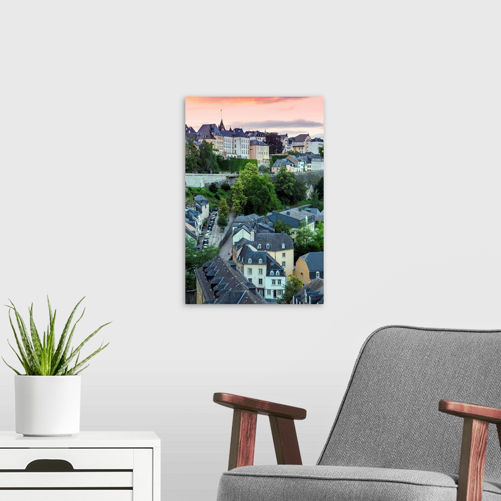 A modern room featuring Luxembourg, Luxembourg City, View over the Grund - the lower town towards The Corniche (Chemin de...
