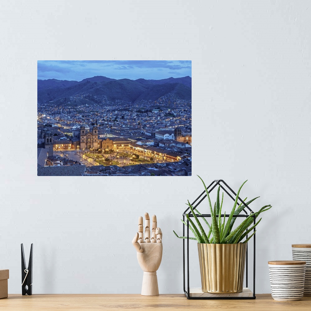 A bohemian room featuring Main Square at twilight, Old Town, elevated view, Cusco, Peru