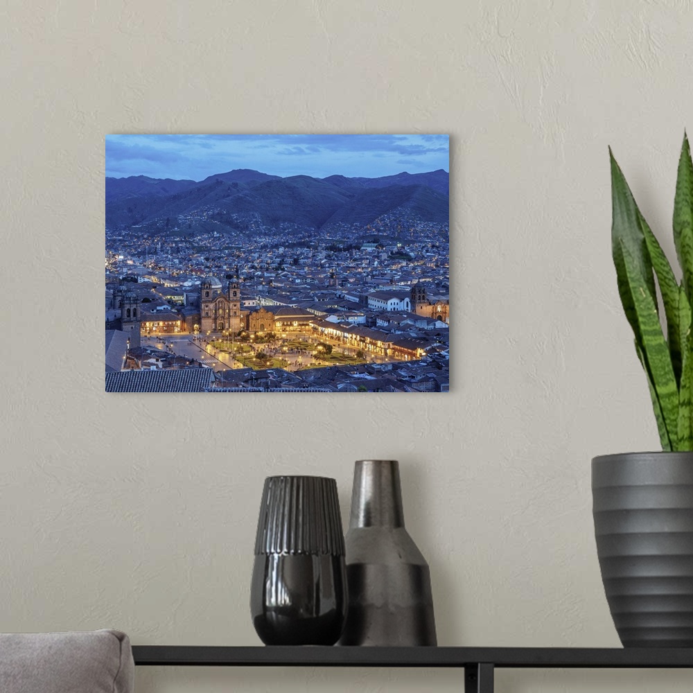 A modern room featuring Main Square at twilight, Old Town, elevated view, Cusco, Peru