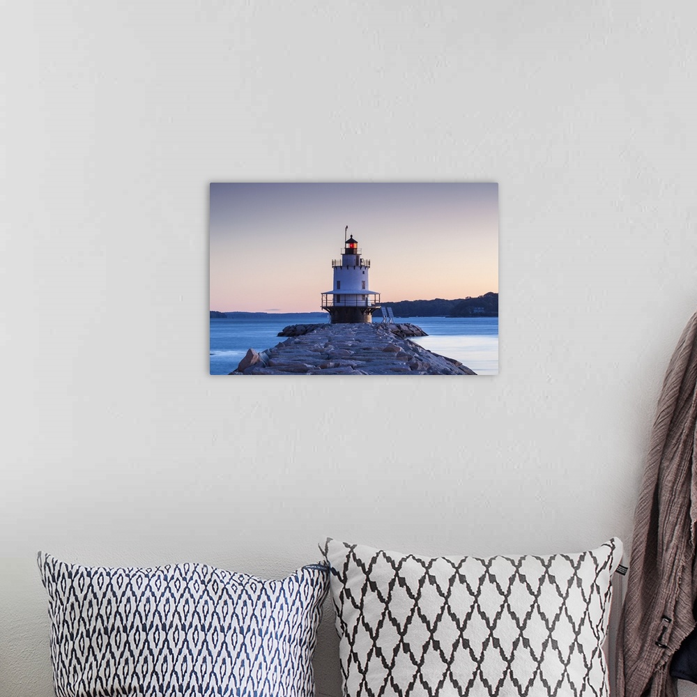 A bohemian room featuring USA, Maine, Portland, Spring Point Ledge Lighthouse, dawn.