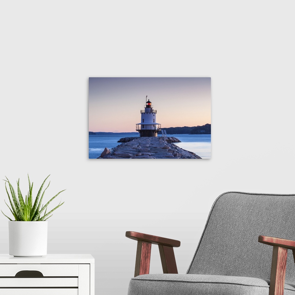 A modern room featuring USA, Maine, Portland, Spring Point Ledge Lighthouse, dawn.